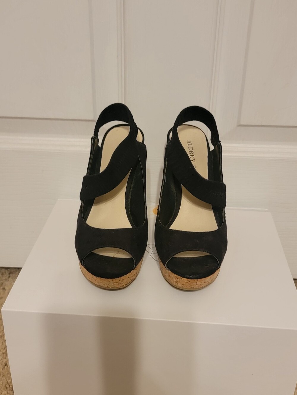 Audrey Brooke Black Cork Platform Wedge Sandals
